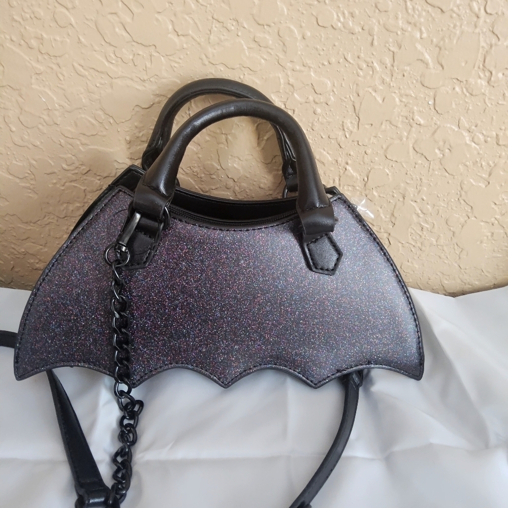 Betsey Johnson Black Glitter Mini Bat Bag - Picture 4 of 6